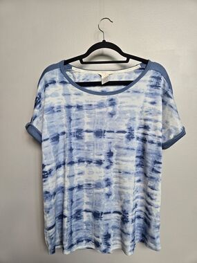 Lucky Brand Blue White Tie Dye Shibori Knit Top Size Large Relaxed Fit